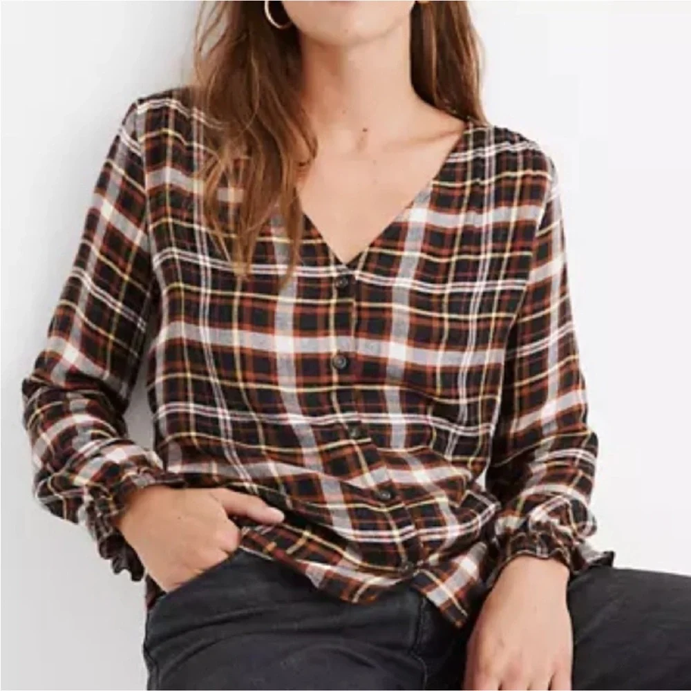 EUC - Madewell Plaid V-Neck Blouse - Black, White, Brown - Picture 1 of 7